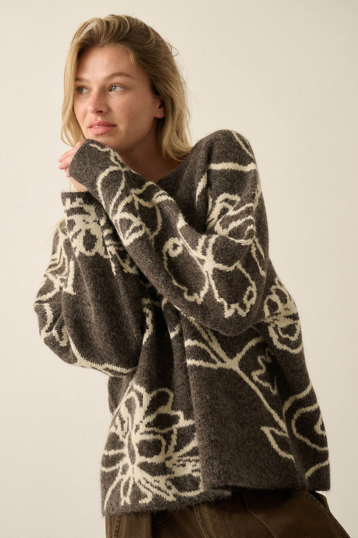Out on a Limb Floral Jacquard-Knit Oversize Sweater - ShopPromesa