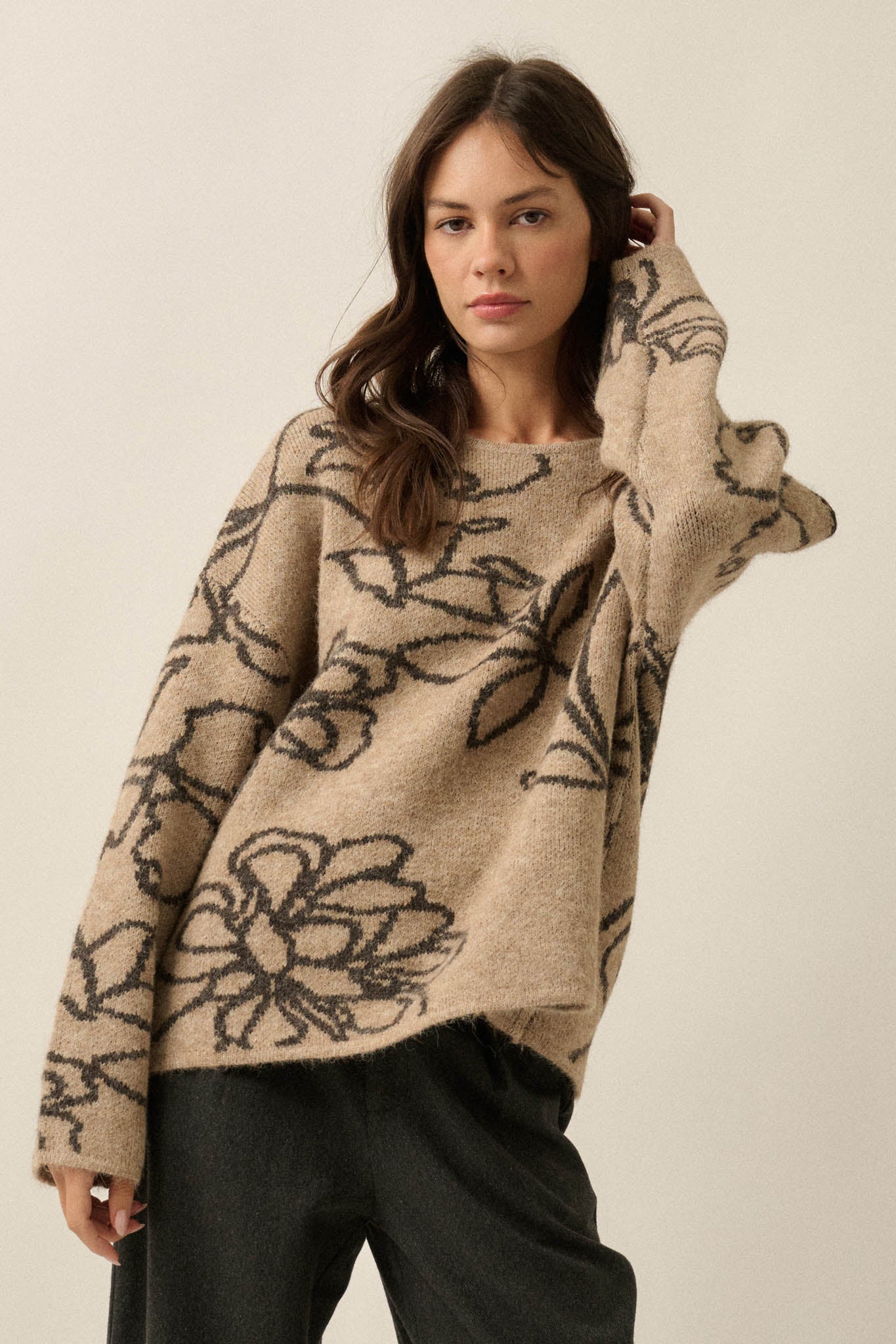 Out on a Limb Floral Jacquard-Knit Oversize Sweater - ShopPromesa