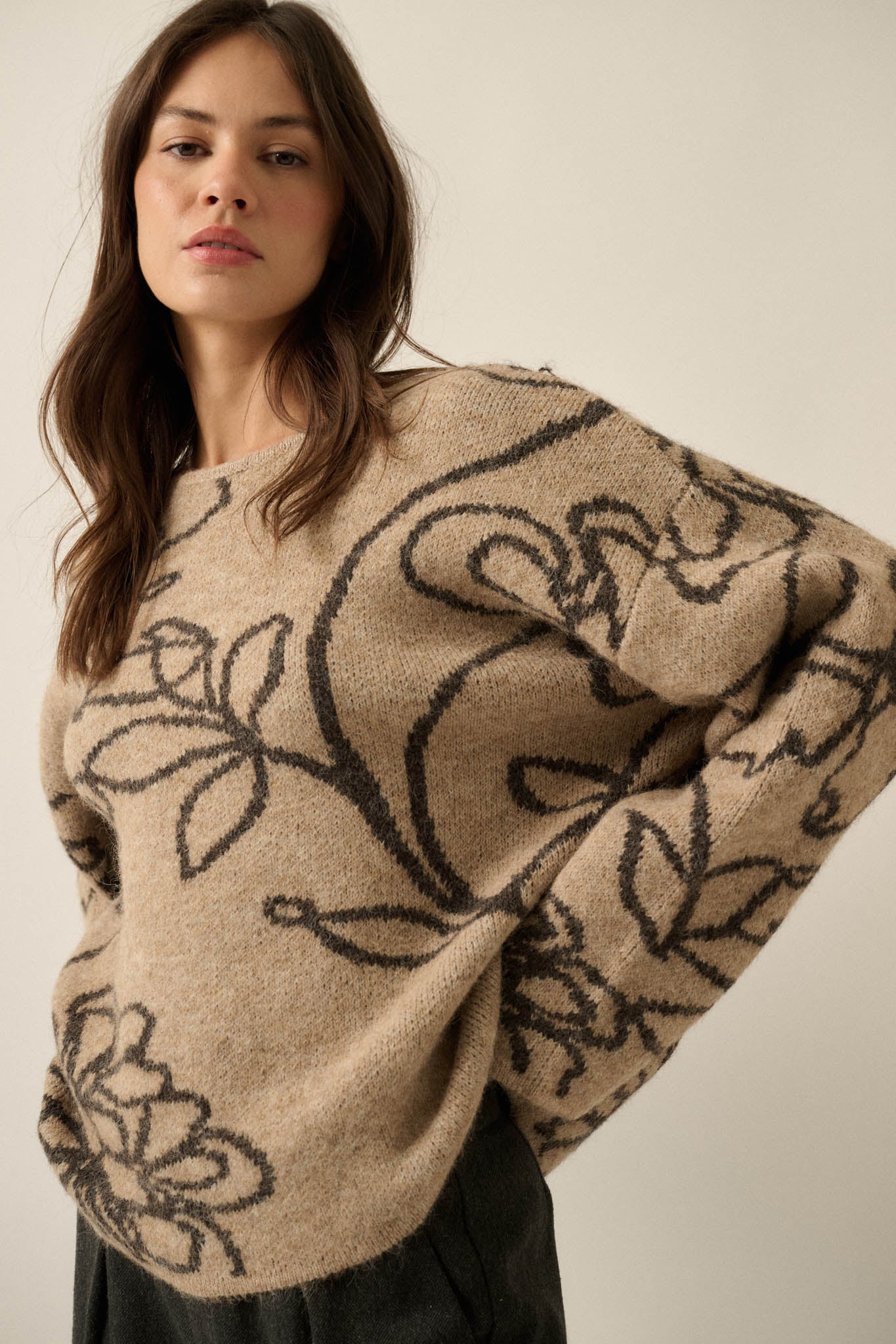 Out on a Limb Floral Jacquard-Knit Oversize Sweater - ShopPromesa