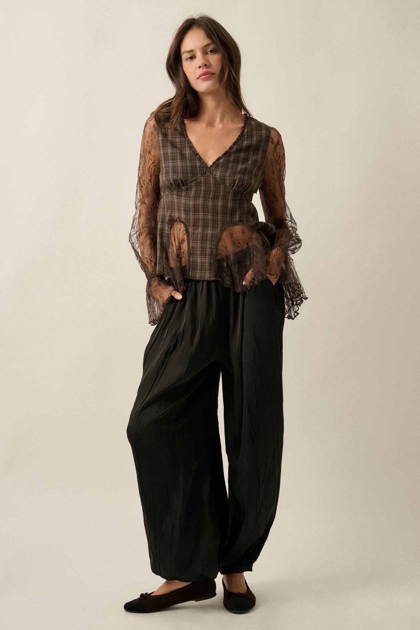 Country Strong Plaid and Lace Bell-Sleeve Peplum Top - ShopPromesa