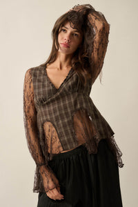 Country Strong Plaid and Lace Bell-Sleeve Peplum Top - ShopPromesa
