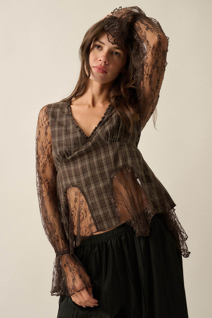 Country Strong Plaid and Lace Bell-Sleeve Peplum Top - ShopPromesa