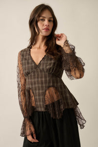 Country Strong Plaid and Lace Bell-Sleeve Peplum Top - ShopPromesa