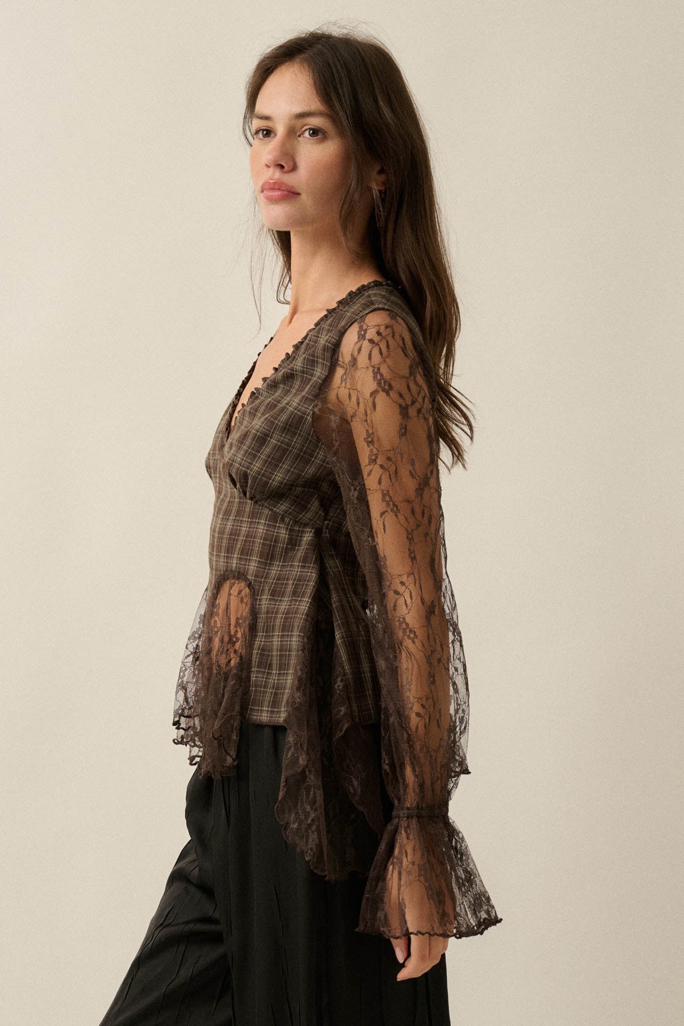 Country Strong Plaid and Lace Bell-Sleeve Peplum Top - ShopPromesa