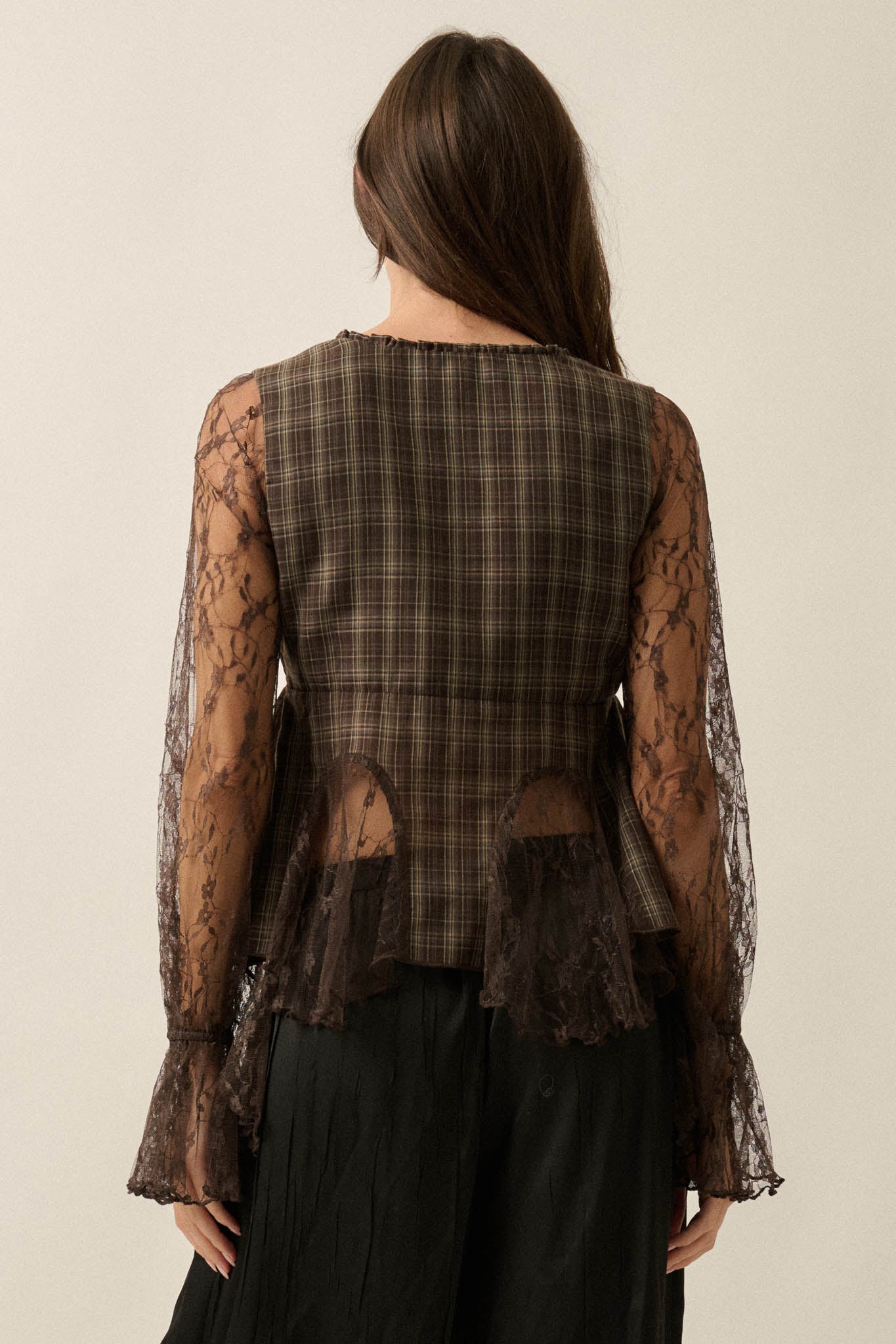 Country Strong Plaid and Lace Bell-Sleeve Peplum Top - ShopPromesa