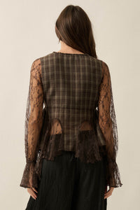 Country Strong Plaid and Lace Bell-Sleeve Peplum Top - ShopPromesa