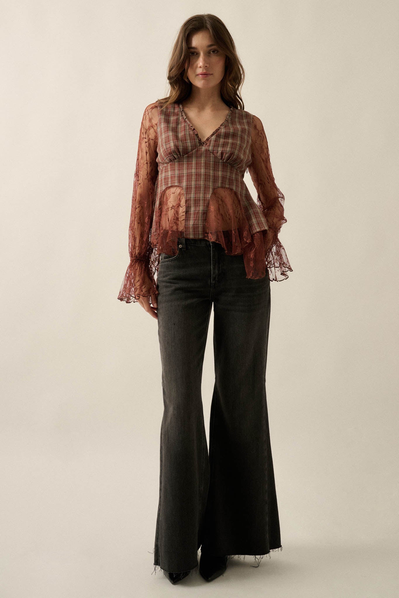 Country Strong Plaid and Lace Bell-Sleeve Peplum Top - ShopPromesa