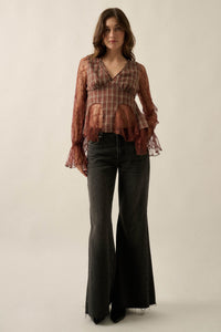 Country Strong Plaid and Lace Bell-Sleeve Peplum Top - ShopPromesa