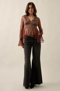 Country Strong Plaid and Lace Bell-Sleeve Peplum Top - ShopPromesa