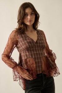 Country Strong Plaid and Lace Bell-Sleeve Peplum Top - ShopPromesa
