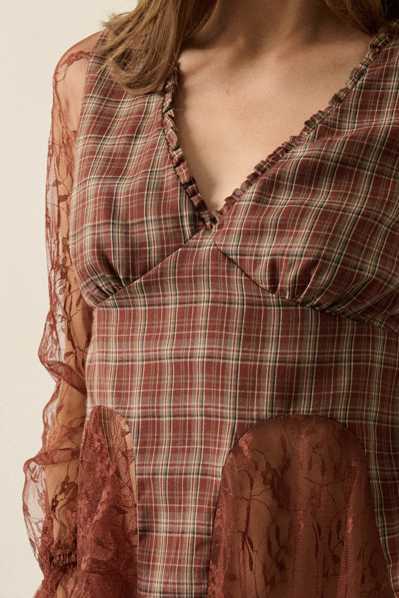 Country Strong Plaid and Lace Bell-Sleeve Peplum Top - ShopPromesa