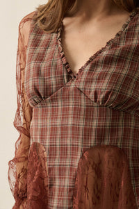 Country Strong Plaid and Lace Bell-Sleeve Peplum Top - ShopPromesa