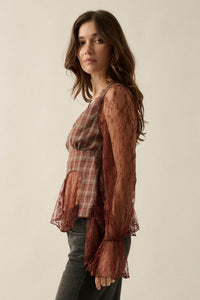 Country Strong Plaid and Lace Bell-Sleeve Peplum Top - ShopPromesa
