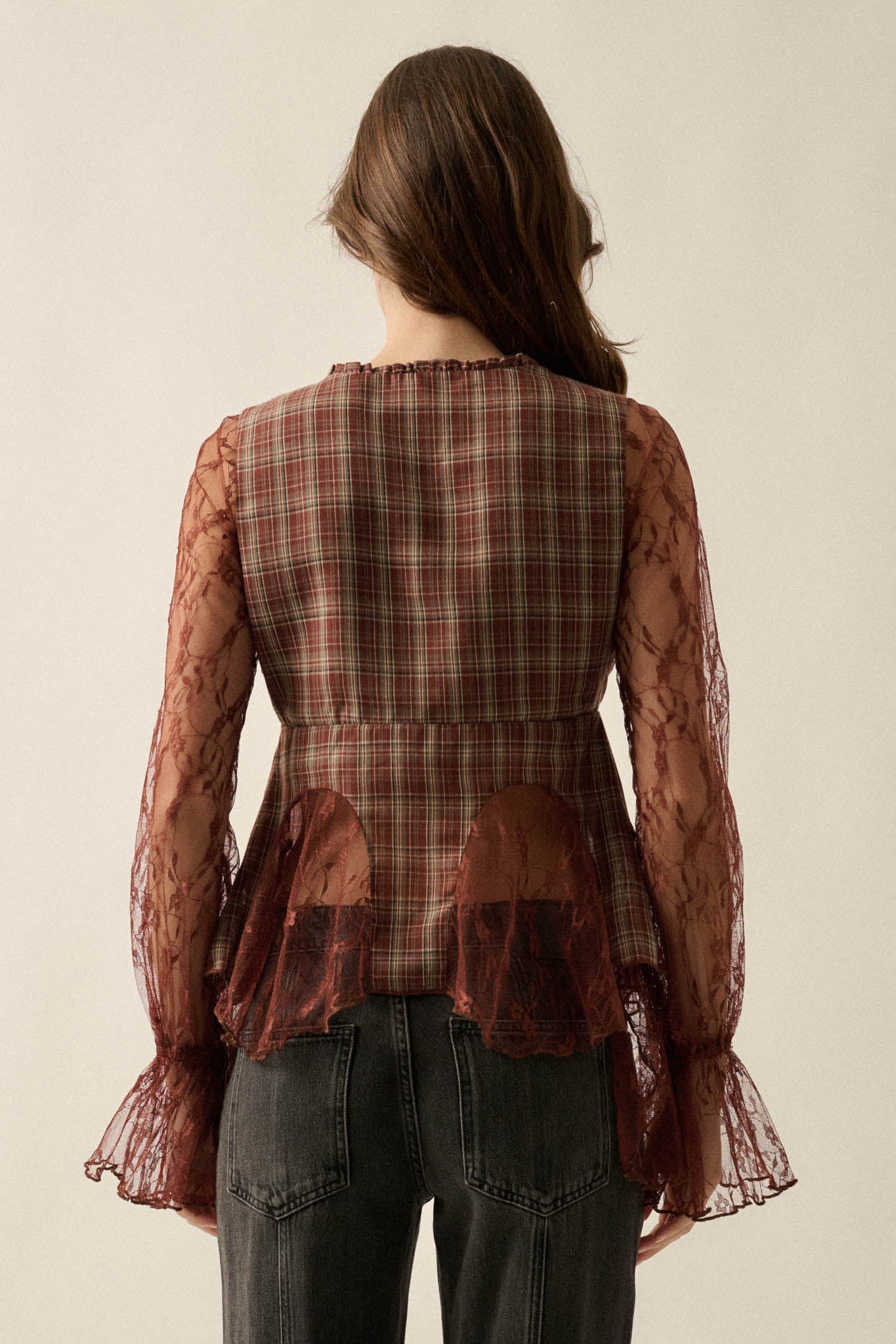 Country Strong Plaid and Lace Bell-Sleeve Peplum Top - ShopPromesa