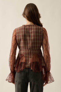 Country Strong Plaid and Lace Bell-Sleeve Peplum Top - ShopPromesa