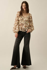 Butterfly Garden Floral Balloon-Sleeve Peasant Top - ShopPromesa