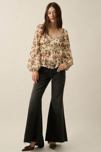 Butterfly Garden Floral Balloon-Sleeve Peasant Top - ShopPromesa