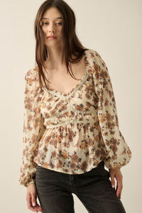 Butterfly Garden Floral Balloon-Sleeve Peasant Top - ShopPromesa