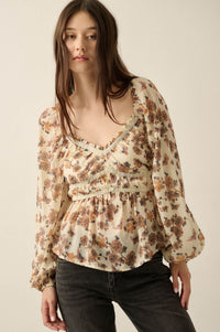 Butterfly Garden Floral Balloon-Sleeve Peasant Top - ShopPromesa