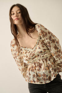 Butterfly Garden Floral Balloon-Sleeve Peasant Top - ShopPromesa