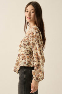 Butterfly Garden Floral Balloon-Sleeve Peasant Top - ShopPromesa