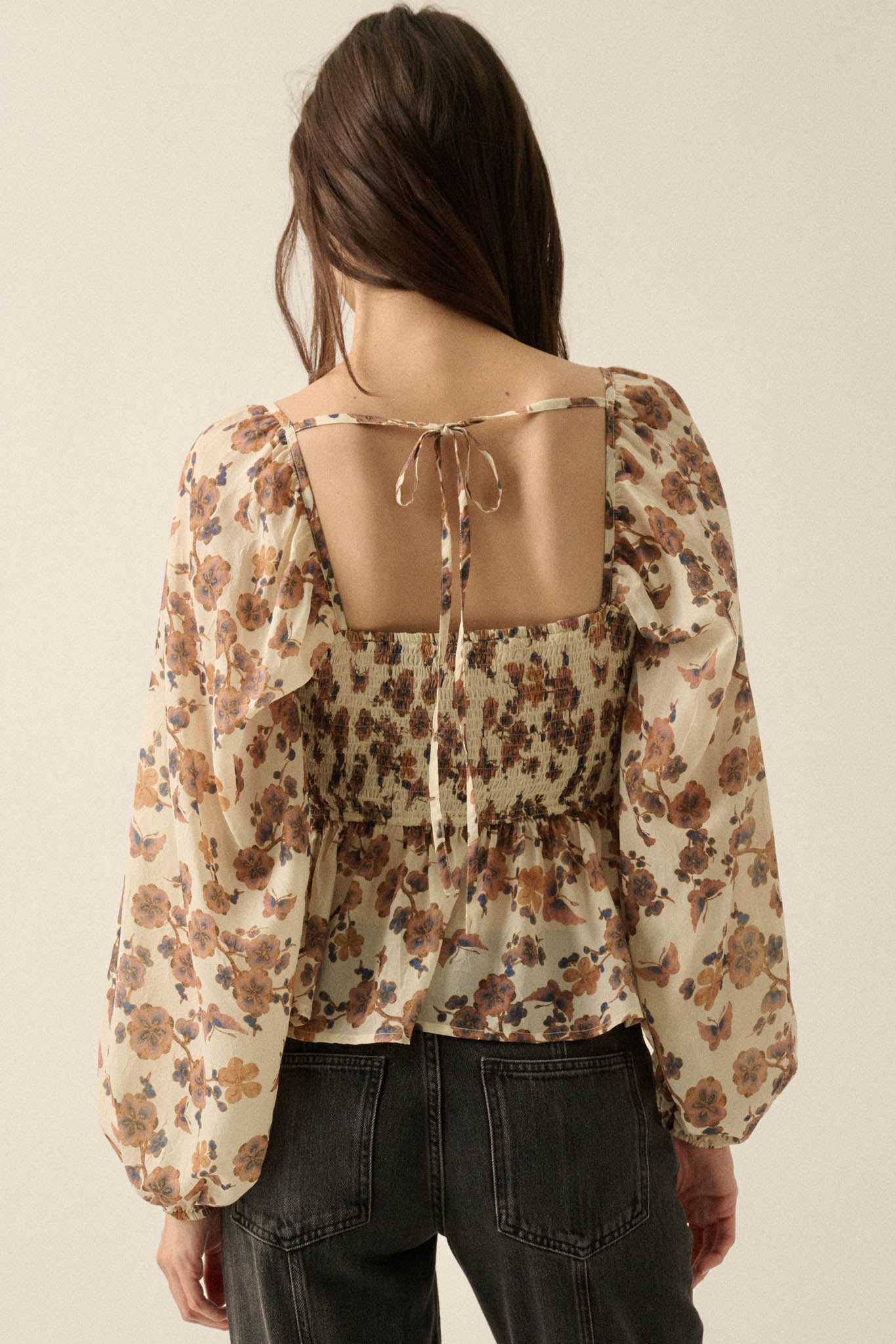 Butterfly Garden Floral Balloon-Sleeve Peasant Top - ShopPromesa