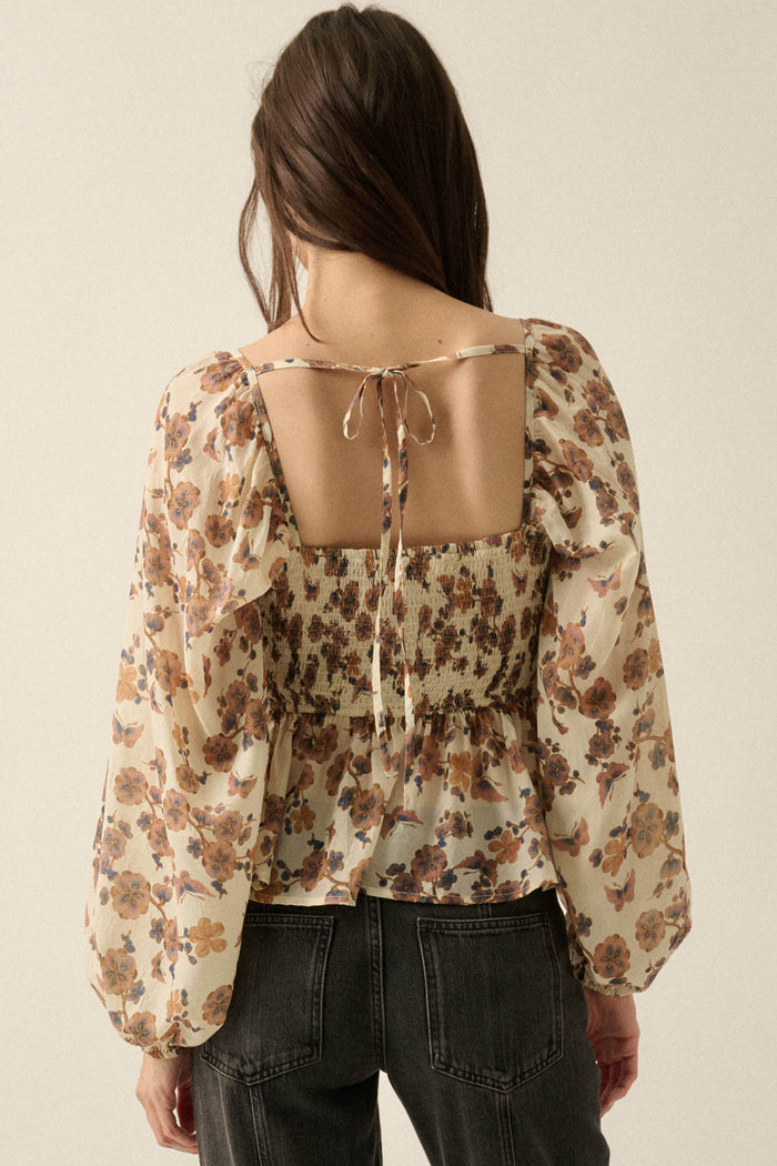 Butterfly Garden Floral Balloon-Sleeve Peasant Top - ShopPromesa
