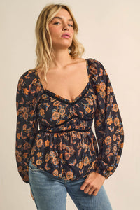 Butterfly Garden Floral Balloon-Sleeve Peasant Top - ShopPromesa