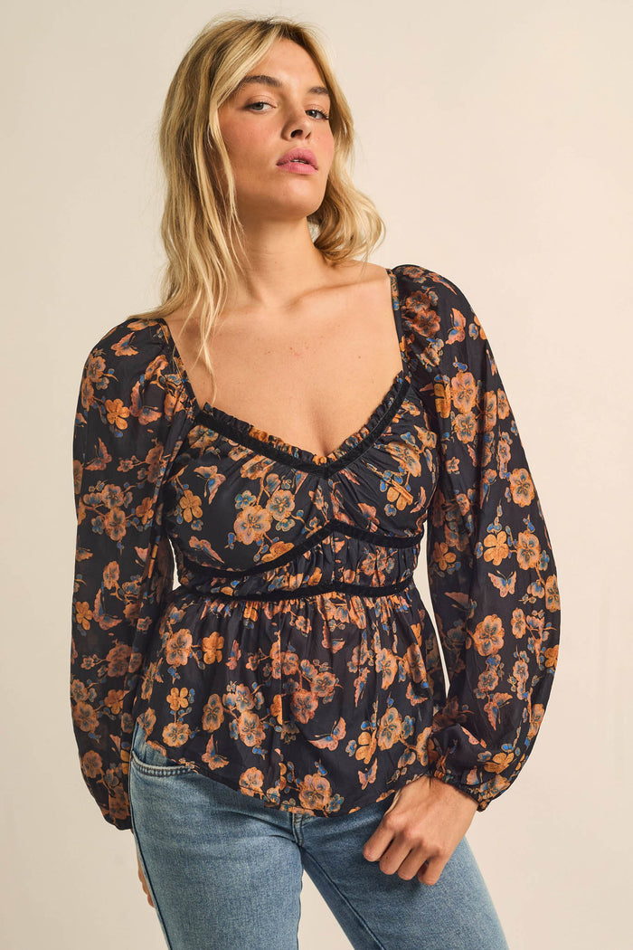 Butterfly Garden Floral Balloon-Sleeve Peasant Top - ShopPromesa