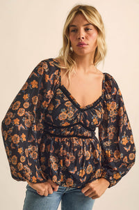 Butterfly Garden Floral Balloon-Sleeve Peasant Top - ShopPromesa