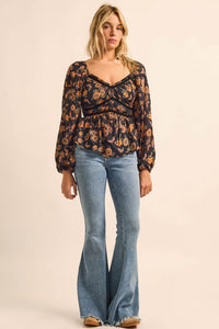 Butterfly Garden Floral Balloon-Sleeve Peasant Top - ShopPromesa