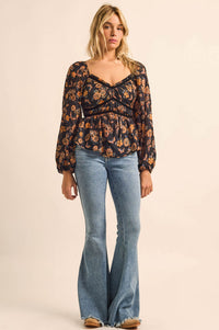 Butterfly Garden Floral Balloon-Sleeve Peasant Top - ShopPromesa