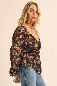 Butterfly Garden Floral Balloon-Sleeve Peasant Top - ShopPromesa