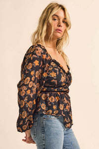 Butterfly Garden Floral Balloon-Sleeve Peasant Top - ShopPromesa