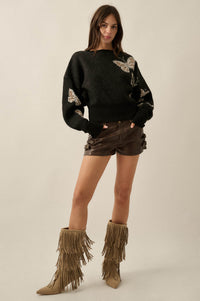Fly Girl Butterfly Jacquard-Knit Cropped Sweater - ShopPromesa
