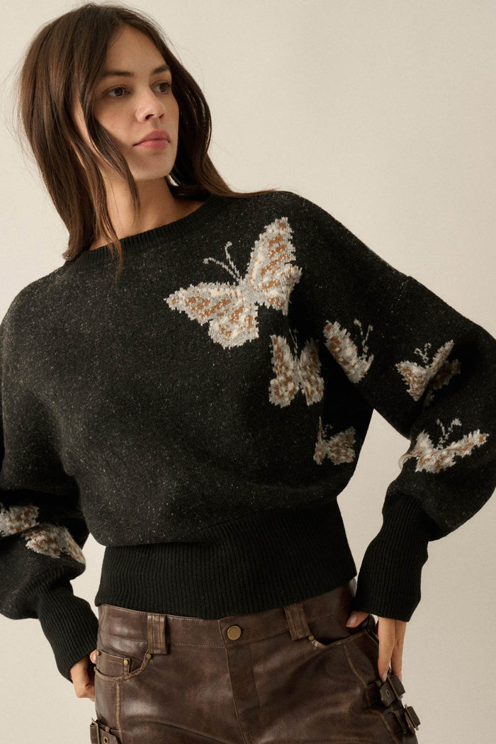 Fly Girl Butterfly Jacquard-Knit Cropped Sweater - ShopPromesa