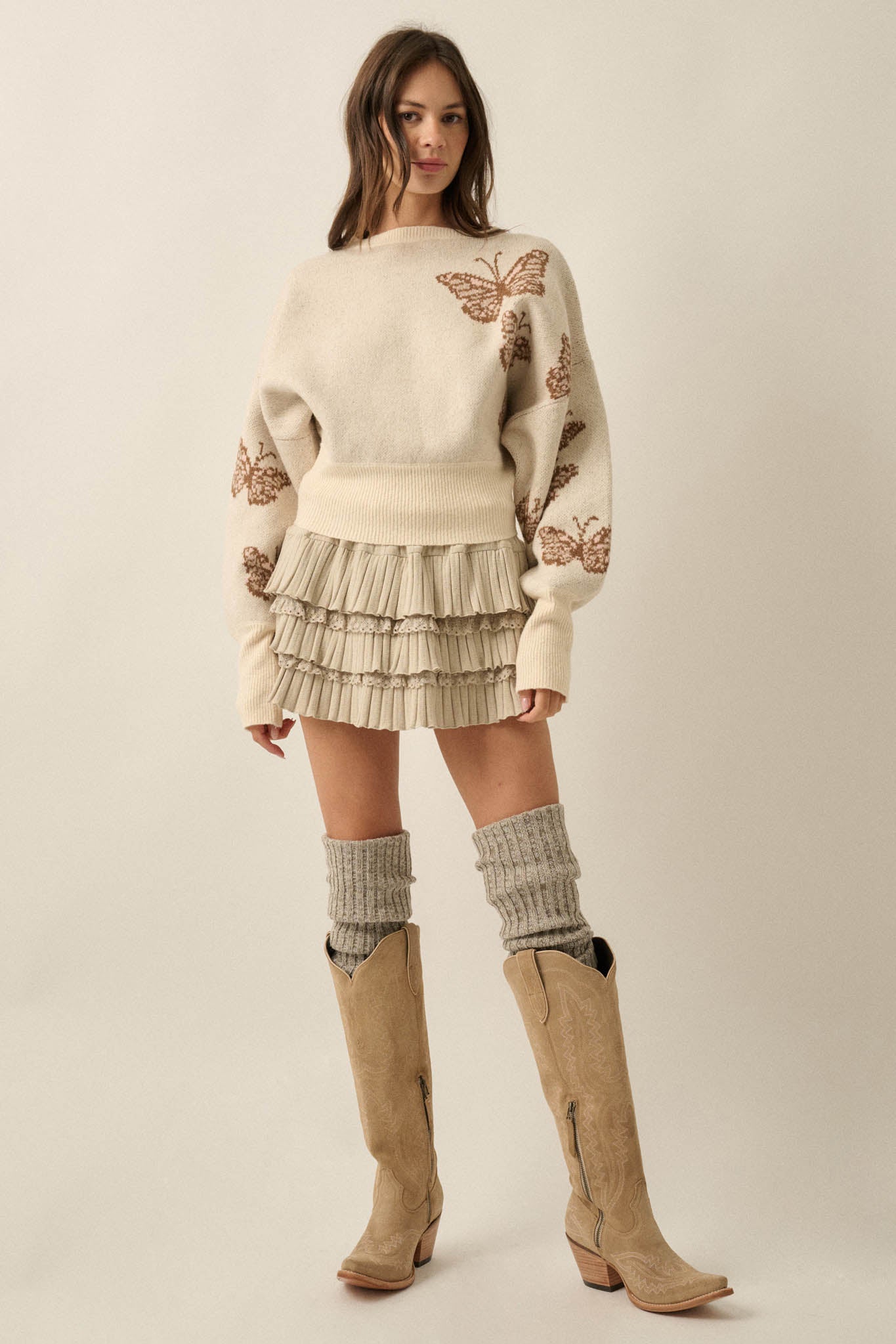 Fly Girl Butterfly Jacquard-Knit Cropped Sweater - ShopPromesa