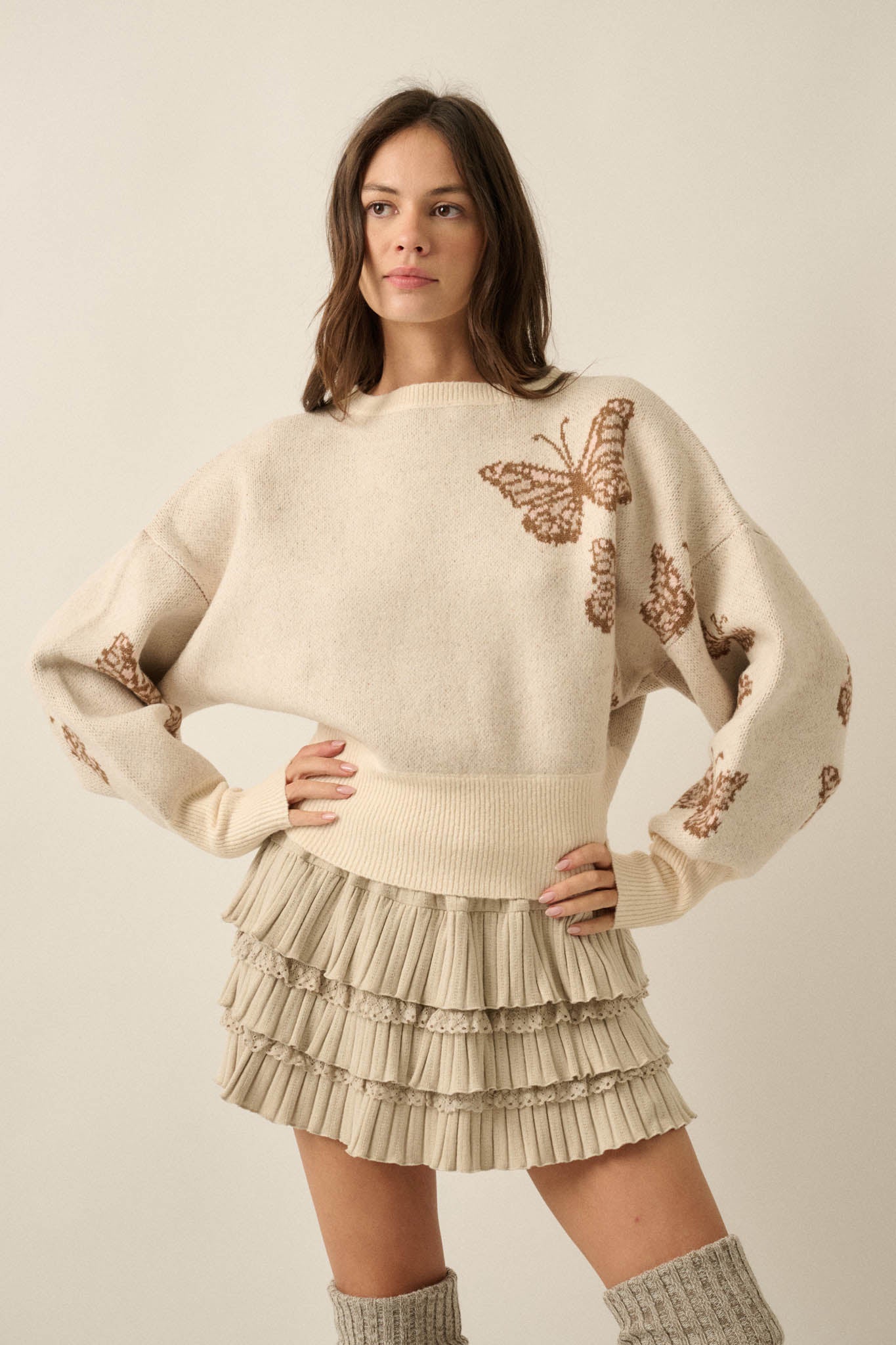 Fly Girl Butterfly Jacquard-Knit Cropped Sweater - ShopPromesa
