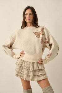 Fly Girl Butterfly Jacquard-Knit Cropped Sweater - ShopPromesa