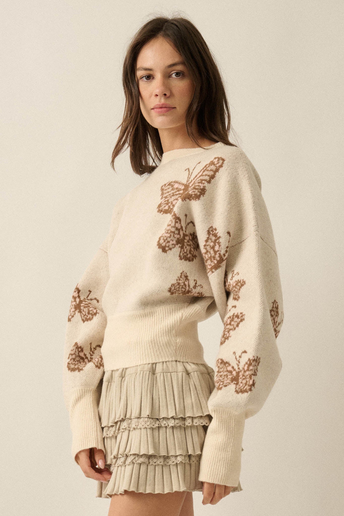 Fly Girl Butterfly Jacquard-Knit Cropped Sweater - ShopPromesa