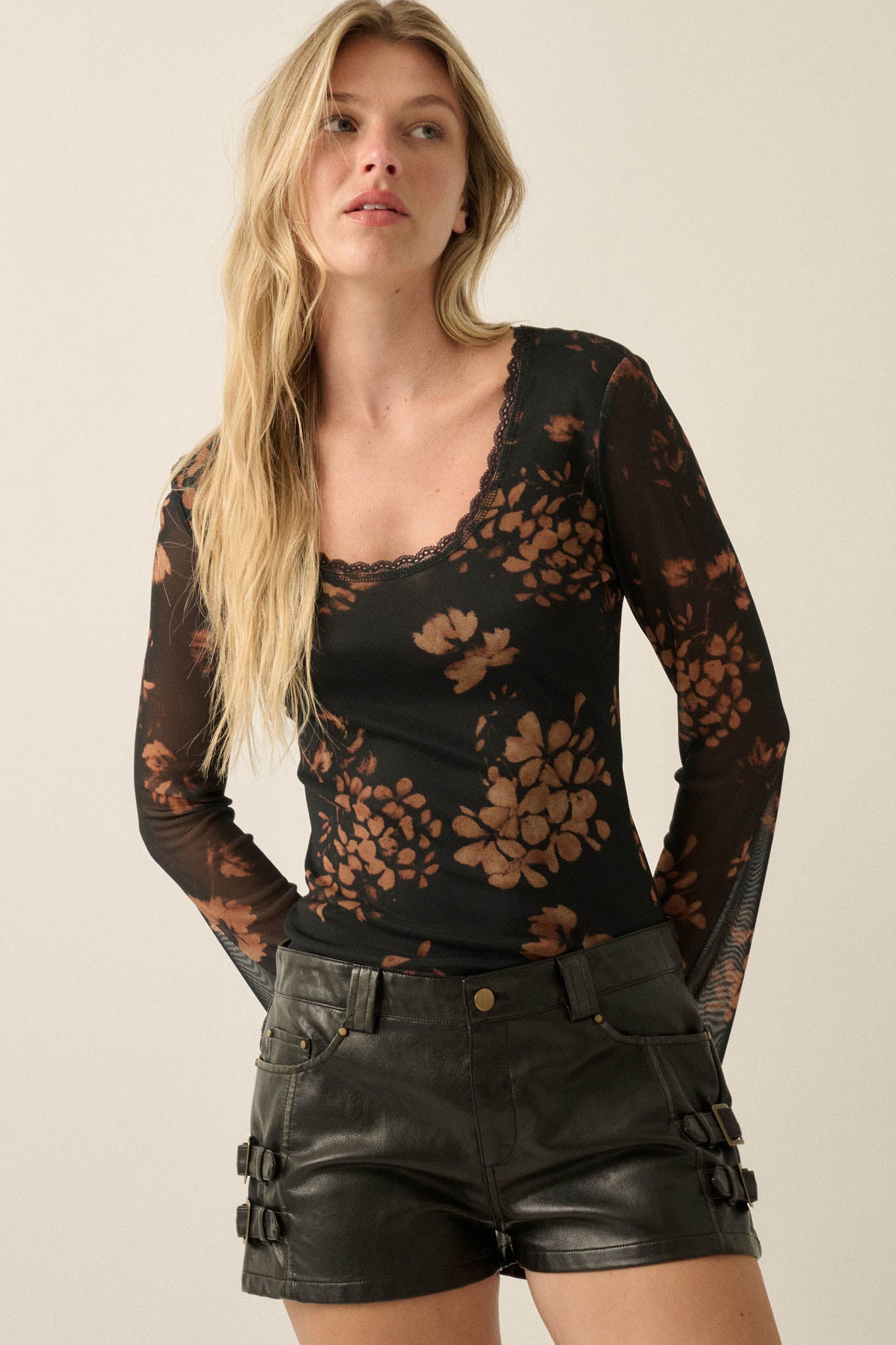 Umber Blossoms Floral Mesh Bell-Sleeve Top - ShopPromesa