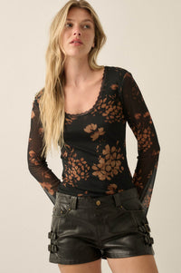 Umber Blossoms Floral Mesh Bell-Sleeve Top - ShopPromesa