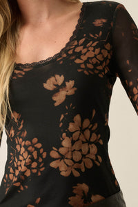Umber Blossoms Floral Mesh Bell-Sleeve Top - ShopPromesa
