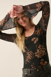 Umber Blossoms Floral Mesh Bell-Sleeve Top - ShopPromesa