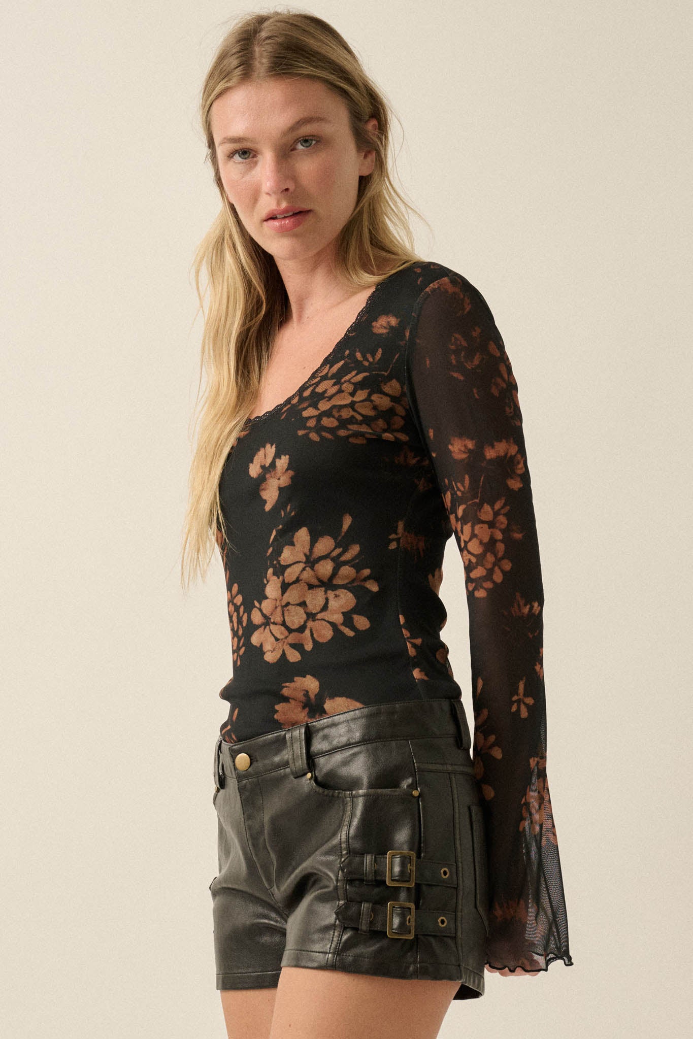 Umber Blossoms Floral Mesh Bell-Sleeve Top - ShopPromesa