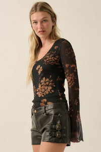 Umber Blossoms Floral Mesh Bell-Sleeve Top - ShopPromesa