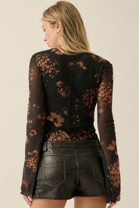 Umber Blossoms Floral Mesh Bell-Sleeve Top - ShopPromesa