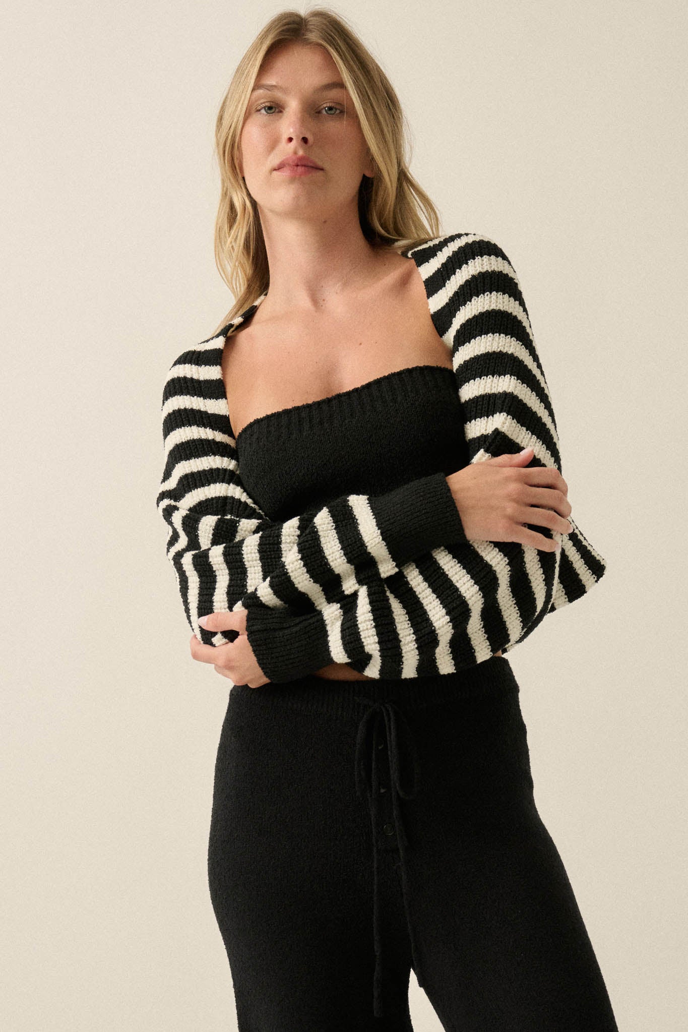 Going My Way Striped Ribbed Knit Shrug Cardigan - ShopPromesa