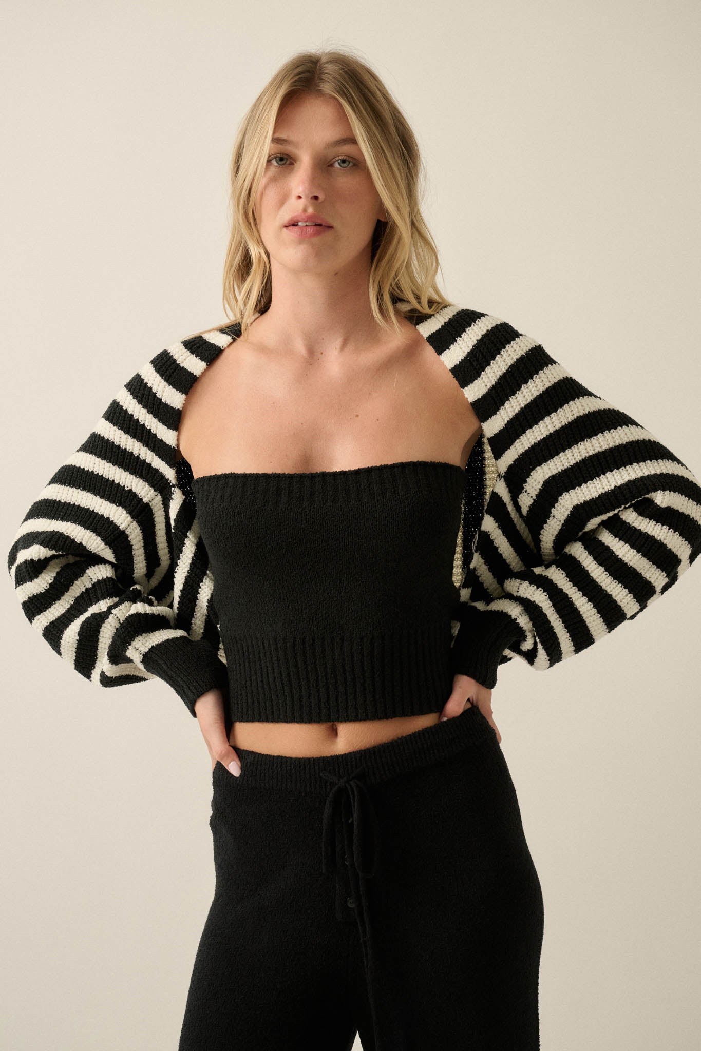 Going My Way Striped Ribbed Knit Shrug Cardigan - ShopPromesa