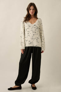 Warm Hearted Fuzzy Speckled Wide V-Neck Sweater - ShopPromesa